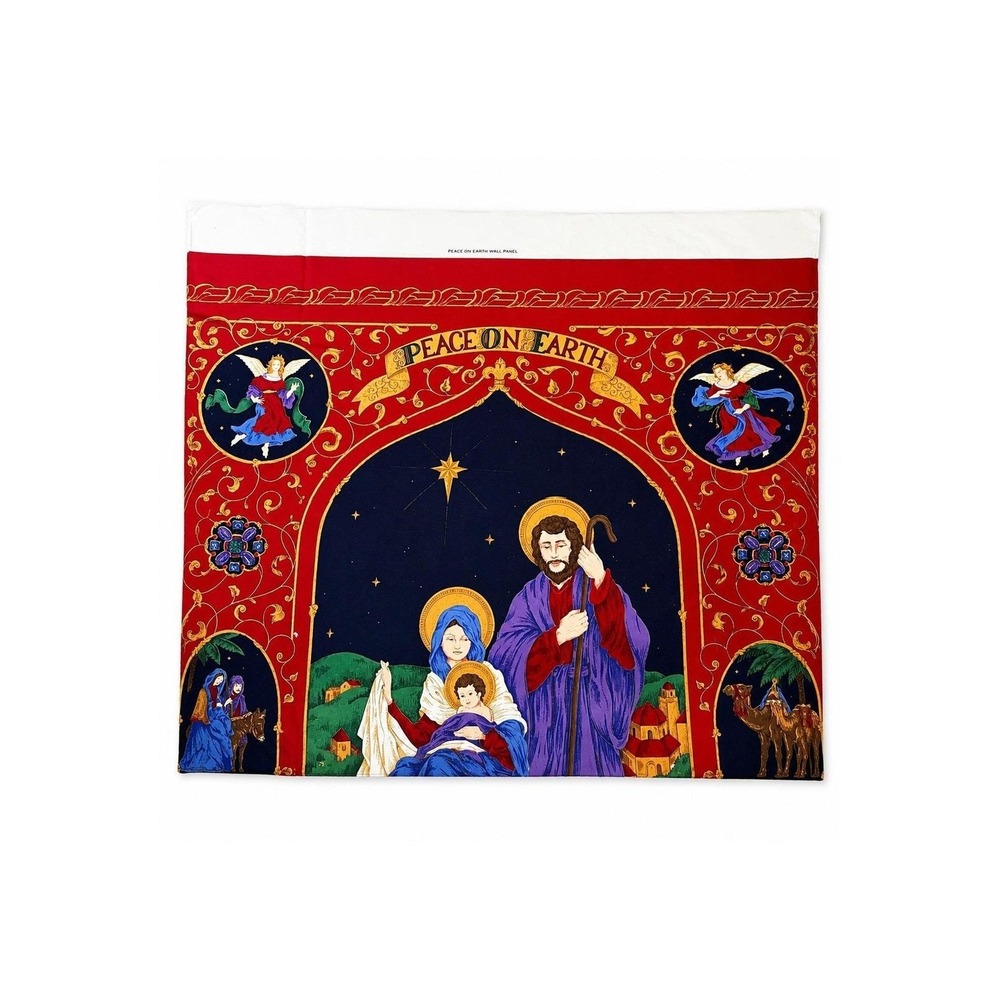 Vintage‎ Christmas Peace On Earth Wall Panel cotton fabric 29x36" Red Background